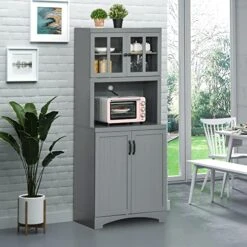 HOMCOM Accent Buffet With Hutch, Kitchen Pantry Storage Cabinet With Glass Framed Door And Microwave Space, Grey