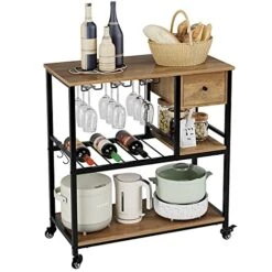 URKNO Bar Cart For Home, Mobile Kitchen Baker's Rack With Drawer, Industrial Wine Cart Microwave Stands With Wine Rack, Glass Holder, Hooks, Rustic Brown