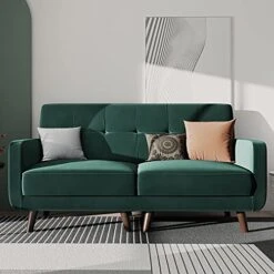 HONBAY Velvet Fabric Loveseat Sofa Tufted 2-Seats Sofa With Wood Legs Upholstered Loveseats For Small Space, Emerald Green