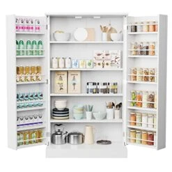 JEROAL Wooden Pantry Cabinet, Kitchen Storage Pantry Cabinet Organizer, Dining Room Entryway Floor Farmhouse Storage Cabinet With Doors And Shelves, White