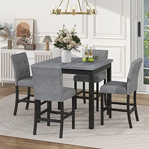 Harper & Bright Designs 5-Piece Faux Marble Top Dining Set, Counter Height Kitchen Table Set-Dining Table W/Faux Marble Top And 4 Beige High Back Upholstered Chairs W/Nailed Trim 13 Harper & Bright Designs 5-Piece Faux Marble Top Dining Set, Counter Height Kitchen Table Set-Dining Table W/Faux Marble Top And 4 Beige High Back Upholstered Chairs W/Nailed Trim - Image 13