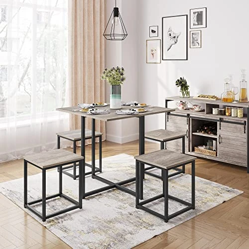 Yaheetech 5-Piece Dining Table Set - Industrial Kitchen Table & Chairs Sets For 4 - Compact Table With 4 Stools & Space-Saving Design For Apartment, Small Space, Breakfast Nook, Gray 2 Yaheetech 5-Piece Dining Table Set - Industrial Kitchen Table & Chairs Sets For 4 - Compact Table With 4 Stools & Space-Saving Design For Apartment, Small Space, Breakfast Nook, Gray - Image 2
