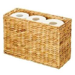 MDesign Woven Hyacinth Large Bathroom Toilet Roll Holder Storage Organizer Basket Bin - Rectangle Containers For Bathroom, Toilet Tank - Hold 6 Rolls Of Toilet Paper - Rice Weave - Natural/Tan