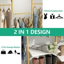 Auromie Gold Wall Mount Clothes Rack With 4 Hanging Rods, Clothing Rack With 6-Tier Adjustable Shelves, Closet Storage Organizer System Kit, Heavy Duty Garment Rack With Metal (80.43" L*78.62" H) -Songmics Furniture Shop 51J9V7f8qbL
