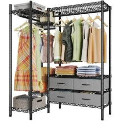 VIPEK L20 L Shaped Garment Rack Corner Adjustable Clothing Rack Heavy Duty Coat Rack With 4 Fabric Drawers, Compact Freestanding Clothes Rack Metal Wardrobe Closet Rack For Cloakroom, Black