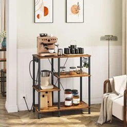 HOOBRO Bakers Rack With Power Outlet, Microwave Stand With 5 S-Shaped Hooks, Coffee Bar, Kitchen Storage Shelf, For Kitchen, Living Room, Rustic Brown And Black BF07UHB01 -Songmics Furniture Shop 51JPGtgrr0L