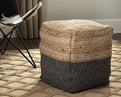 Signature Design By Ashley Sweed Valley Farmhouse Pouf 17.5 X 20.25, Light Brown And Black 2 Signature Design By Ashley Sweed Valley Farmhouse Pouf 17.5 X 20.25, Light Brown And Black - Image 2