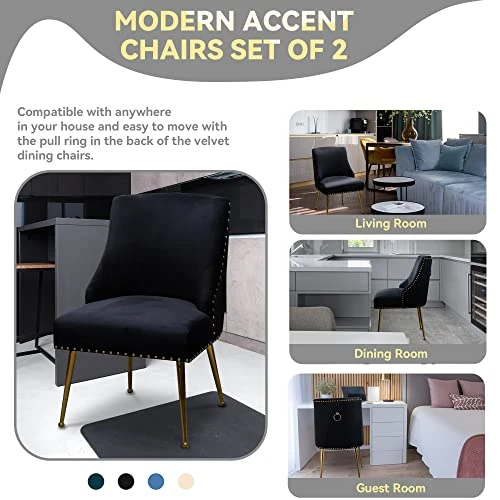 SEYNAR Dining Chairs, Comfortable Modern Kitchen Chairs With Gold Legs, Fabric Upholstered Dining Room Chairs, Accent Chairs Set Of 2, Tufted Velvet Chair For Kitchen Dining Room Guest Room(Black) 2 SEYNAR Dining Chairs, Comfortable Modern Kitchen Chairs With Gold Legs, Fabric Upholstered Dining Room Chairs, Accent Chairs Set Of 2, Tufted Velvet Chair For Kitchen Dining Room Guest Room(Black) - Image 2