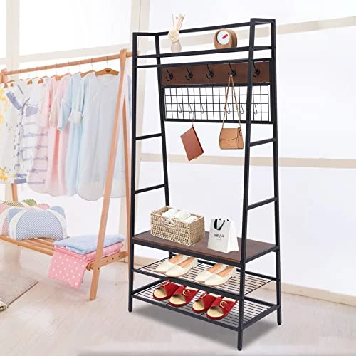 Coat Rack Shoe Bench, Hall Tree Entryway Bench With Storage, Wood Look Accent Furniture With Metal Frame, 3-in-1 Design (Brown) 1 Coat Rack Shoe Bench, Hall Tree Entryway Bench With Storage, Wood Look Accent Furniture With Metal Frame, 3-in-1 Design (Brown)