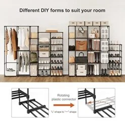 UNITSTAGE Portable Closet Wardrobe Freestanding Closet Organizer With Shoe Rack For Hanging Clothes 77.4x11.8x66 Inches For Bedroom Living Room With Plastic Connectors Rubber Hammer Black -Songmics Furniture Shop 51Jh2E069iL