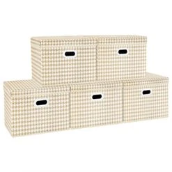 TYEERS Large Collapsible Storage Bins With Lids, Patterns, Washable, Fabric Decorative Storage Boxes For Home Office Storage, 17.3x11.8x11.4 Inches, 5 Pack, Beige