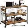 Yaheetech Kitchen Island With Power Outlet, Rolling Kitchen Cart With Wine Rack & Glass Holder & Hooks, Coffee Station Microwave Stand Wine Rack Table For Kitchen/Dinning Room, Rustic Brown