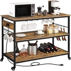 Yaheetech Kitchen Island With Power Outlet, Rolling Kitchen Cart With Wine Rack & Glass Holder & Hooks, Coffee Station Microwave Stand Wine Rack Table For Kitchen/Dinning Room, Rustic Brown -Songmics Furniture Shop 51JqpSKnrIL. AC