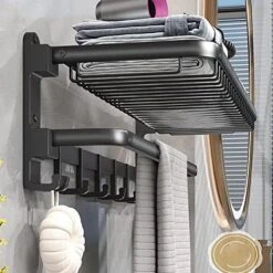 Yariwiz Matte Black Towel Rack Wall Mounted No Drill And Screw Mounting With Foldable Storage Shelf, Bathroom Bath Shower Length 24 Inch Double Towel Rod With Shelf Hotel Towel Rack B0504-MB 24 Yariwiz Matte Black Towel Rack Wall Mounted No Drill And Screw Mounting With Foldable Storage Shelf, Bathroom Bath Shower Length 24 Inch Double Towel Rod With Shelf Hotel Towel Rack B0504-MB -Songmics Furniture Shop 51K V Fv81L. AC
