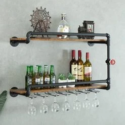 BOTAOYIYI Wine Rack Wall Mounted 2 Tier, Hanging Floating Bar Liquor Shelves With Glass Holder Storage Under, Industrial Rustic Pipe Farmhouse Kitchen Decor Black(35.4x10.6x19.7) -Songmics Furniture Shop 51K2Q xv5L. AC