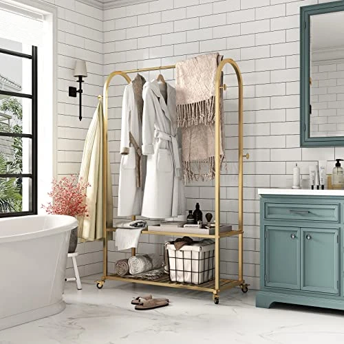 MaiRHK Gold Clothing Rack On Wheels Gold Display Rack With 2-tier Shelf Metal Hanging Rack Gold Clothes Rack For Boutique, Retail Or Home -gold 4 MaiRHK Gold Clothing Rack On Wheels Gold Display Rack With 2-tier Shelf Metal Hanging Rack Gold Clothes Rack For Boutique, Retail Or Home -gold - Image 4