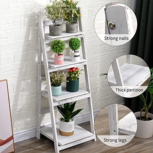 ECOMEX Foldable Plant Shelf, Ladder Shelf, Indoor Plant Stand, Ladder Bookshelf, Wood Rustic Ladder Shelf For Patio Garden Home Living Room(White) 4 ECOMEX Foldable Plant Shelf, Ladder Shelf, Indoor Plant Stand, Ladder Bookshelf, Wood Rustic Ladder Shelf For Patio Garden Home Living Room(White) - Image 4