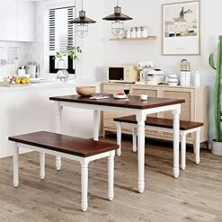 LZ LEISURE ZONE 3-Piece Dining Table Set, Rustic Farmhouse Wooden Kitchen Table With Two Benches, Thick Table/Bench Top With Iron Frame For 4, Faxu Marble White+Gold Frame -Songmics Furniture Shop 51KHZVW3bLS. AC