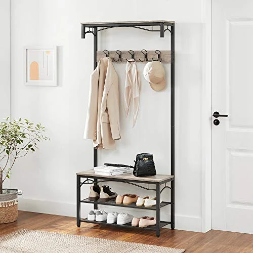 VASAGLE Shoe Bench Rack, 3-Tier Storage Shelf For Entryway Hallway Living Room, Industrial Accent Furniture With Steel Frame, 12.6 X 31.5 X 70.3 Inches, Greige 2 VASAGLE Shoe Bench Rack, 3-Tier Storage Shelf For Entryway Hallway Living Room, Industrial Accent Furniture With Steel Frame, 12.6 X 31.5 X 70.3 Inches, Greige - Image 2