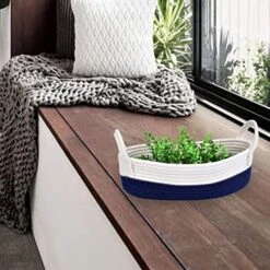 GENERIC DIY Woven Storage Basket For Toilet Tank Top, Cotton Rope Organizing Basket For Bathroom Farmhouse Home Decor,Table, Paper And Counter 13.2"x6"x4.1"(White With Navy Blue) -Songmics Furniture Shop 51KO7PadqoL