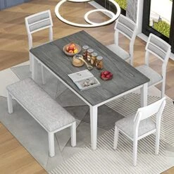 Merax Classic And Traditional Style 6-Piece Wooden Dining Table Set With 4 Upholstered Chairs & Bench, White+Grey