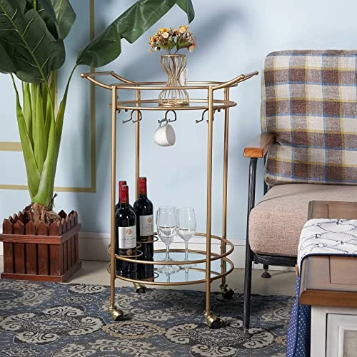 Round Gold Rolling Bar Cart With 2 Mirror Shelves, Wine Rack And Lockable Casters, Suitable For Home Kitchen, Club, Living Room, Thanksgiving, Christmas, New Year, 22"X18"X33" 5 Round Gold Rolling Bar Cart With 2 Mirror Shelves, Wine Rack And Lockable Casters, Suitable For Home Kitchen, Club, Living Room, Thanksgiving, Christmas, New Year, 22"X18"X33" - Image 5