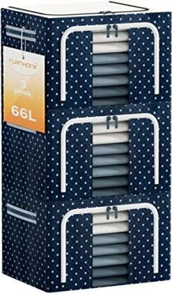Furnhome Clothes Storage Organizer Bins Containers , Foldable Stackable Storage Bins-Oxford Cloth Steel Frame Storage Box For Clothing Storage With Foldable Clear Window & Reinforced Handles (Navy Dots, 66L, 3PCS)…