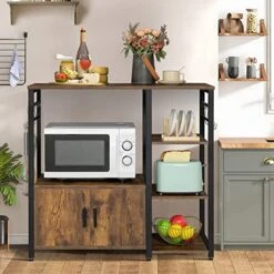 Iwell Kitchen Baker's Rack, Microwave Stand, Coffee Bar Cabinet With 8 S-Shaped Hooks & Storage Cabinet, 4 Tier Utility Oven Stand Shelf For Dining Room, Living Room, Vintage Brown