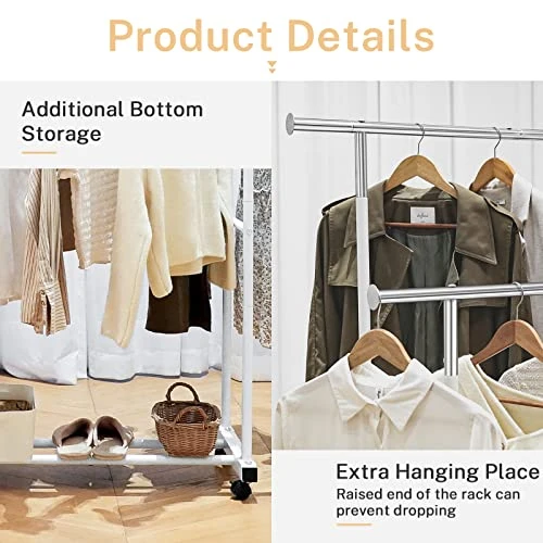 VICERII Double Clothing Rack, 55.51 Inch Garment Rack With Wheels And Bottom Shelf, 130LB Capacity Heavy Duty Rolling Clothes Racks For Hanging Clothes, Coats, Shirts, Sweaters, Skirts, White 3 VICERII Double Clothing Rack, 55.51 Inch Garment Rack With Wheels And Bottom Shelf, 130LB Capacity Heavy Duty Rolling Clothes Racks For Hanging Clothes, Coats, Shirts, Sweaters, Skirts, White - Image 3