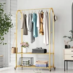MaiRHK Gold Clothing Rack On Wheels Gold Display Rack With 2-tier Shelf Metal Hanging Rack Gold Clothes Rack For Boutique, Retail Or Home -gold