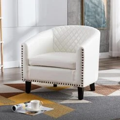 SSLine Modern White Leather Upholstered Accent Arm Chair Soft Barrel Club Chairs For Living Room Comfy Single Sofa Office Guest Chatting Chair With Solid Wood Legs And Nailhead For Bedroom (White) -Songmics Furniture Shop 51KjI dAogL. AC