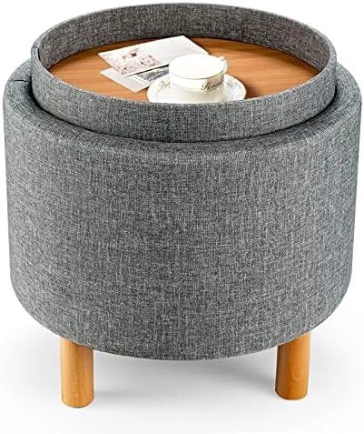 Giantex Round Storage Ottoman With Tray, Accent Storage Footstool W/ Soft Padding, Fabric Sitting Stool W/ Solid Wood Legs & Non-Slip Pads, Tray Top Coffee Table For Living Room, Bedroom (Grey) 6 Giantex Round Storage Ottoman With Tray, Accent Storage Footstool W/ Soft Padding, Fabric Sitting Stool W/ Solid Wood Legs & Non-Slip Pads, Tray Top Coffee Table For Living Room, Bedroom (Grey) - Image 6
