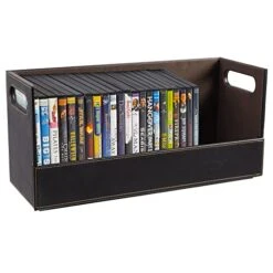 Stock Your Home DVD Storage Box, Movie Shelf Organizer For Blu-Ray, Video Game Cases, CDs, VHS Tape Display Stand, Disc Holder Can Store Up To 28 DVDs, Faux Leather (Brown)