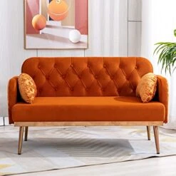 55-inch Small Velvet Couch With Elegant Moon Shape Pillows, Twin Size Loveseat Accent Sofa With Golden Metal Legs, Living Room Sofa With Tufted Backrest, 600 Pounds Weight Capacity, Orange