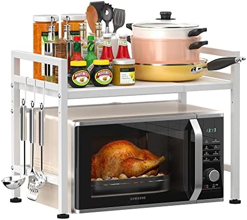 PUSDON Microwave Oven Rack, Adjustable Shelf With Hooks & 100lbs Capacity, 2-Tier Organizer For Kitchen Counter In Black-Microparticles 11 PUSDON Microwave Oven Rack, Adjustable Shelf With Hooks & 100lbs Capacity, 2-Tier Organizer For Kitchen Counter In Black-Microparticles - Image 11