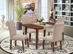 EAST WEST FURNITURE 5Pc Dining Set Includes A Rectangle Dinette Table With Butterfly Leaf And Four Parson Chairs With Light Fawn Fabric, Mahogany Finish. -Songmics Furniture Shop 51Kt3qMEOML. AC