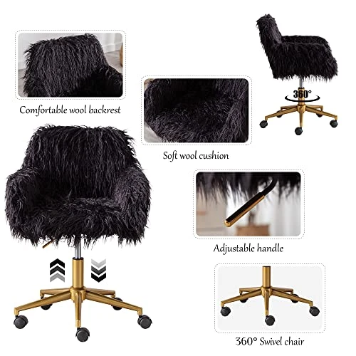 KCC Fluffy Office Desk Chair, Faux Fur Modern Swivel Armchair With Wheels, Soft Comfy Fuzzy Elegant Accent Makeup Vanity Chairs For Women Girls, Home Living Dressing Room Bedroom, Black 4 KCC Fluffy Office Desk Chair, Faux Fur Modern Swivel Armchair With Wheels, Soft Comfy Fuzzy Elegant Accent Makeup Vanity Chairs For Women Girls, Home Living Dressing Room Bedroom, Black - Image 4