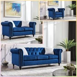 3-Piece Velvet Upholstered Living Room Furniture Set, Including 3-Seater Sofa, Loveseat And Single Sofa Chair With Button And Copper Nail On Arms And Back, Five White Villose Pillows Included, Blue -Songmics Furniture Shop 51L3mb4Yb1L