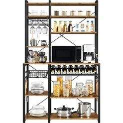 Yaheetech Kitchen Bakers Rack, Wooden Microwave Stand Kitchen Storage Shelf With Wine Rack And Wire Basket And 12 Hooks, Coffee Bar Station For Home Kitchen/Dinning Room, Rustic Brown