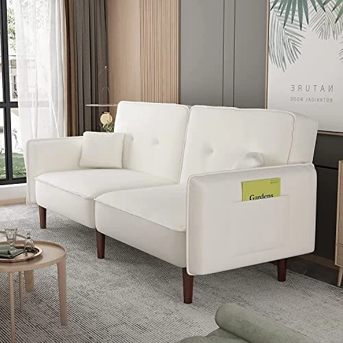 Jmaxo Futon Sofa Bed, 75Inches Modern Convertible Sleeper Couch With 3 Angles Adjustable Back And Solid Wood Leg For Living Room/Bedroom/Apartment/Office, White 3 Jmaxo Futon Sofa Bed, 75Inches Modern Convertible Sleeper Couch With 3 Angles Adjustable Back And Solid Wood Leg For Living Room/Bedroom/Apartment/Office, White - Image 3