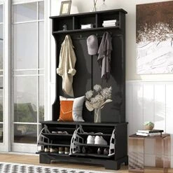 Petfu All In One Hall Tree With 3 Top Shelves And 2 Flip Shoe Storage Drawers, Wood Hallway Organizer With Storage Bench And Metal Hanging Hooks, Black