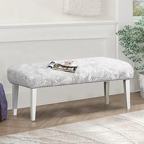 Alunaune White Bed Bench For Bedroom End Of Bench, Faux Fur Ottoman Bench Upholstered Modern Decorative Fluffy Small Entryway Bench Footrest Stool Wood Legs 8 Alunaune White Bed Bench For Bedroom End Of Bench, Faux Fur Ottoman Bench Upholstered Modern Decorative Fluffy Small Entryway Bench Footrest Stool Wood Legs - Image 8