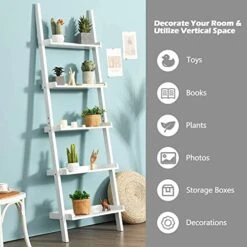OFFICEJOY Ladder Shelf, 5-Tier Wall-Leaning Bookshelf, Rustic Wood Ladder, Storage Rack Shelves, Multipurpose Organizer Rack For Living Room, Bathroom, Office (White) 10 OFFICEJOY Ladder Shelf, 5-Tier Wall-Leaning Bookshelf, Rustic Wood Ladder, Storage Rack Shelves, Multipurpose Organizer Rack For Living Room, Bathroom, Office (White) -Songmics Furniture Shop 51LUakkCvhL