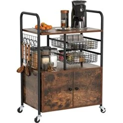 YITAHOME Kitchen Cart With Storage, Industrial Kitchen Carts For Home, Serving Cart With Cabinets And Movable Baskets, Rolling Bar Cart For Dining Room, Rustic Brown