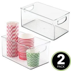 MDesign Plastic Kitchen Organizer - Storage Holder Bin With Handles For Pantry, Cupboard, Cabinet, Fridge/Freezer, Shelves, Counter - Holds Canned Food, Snacks - Ligne Collection - 2 Pack - Clear