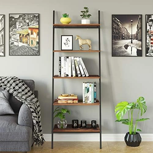 TINKLE WELL 5-Tier Bookshelf, Industrial Leaning Ladder Shelf, Wooden Storage Display Rack For Living Room, Bedroom, Office, Rustic Brown 11 TINKLE WELL 5-Tier Bookshelf, Industrial Leaning Ladder Shelf, Wooden Storage Display Rack For Living Room, Bedroom, Office, Rustic Brown - Image 11