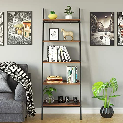 TINKLE WELL 5-Tier Bookshelf, Industrial Leaning Ladder Shelf, Wooden Storage Display Rack For Living Room, Bedroom, Office, Rustic Brown 1 TINKLE WELL 5-Tier Bookshelf, Industrial Leaning Ladder Shelf, Wooden Storage Display Rack For Living Room, Bedroom, Office, Rustic Brown