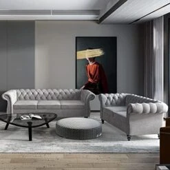 MIYZEAL 2 Pieces Living Room Sectional Sofa Set, Modern Velvet Button Tufted Chesterfield Sofa With Rolled Arm, Classic Upholstered Low Back Loveseat 3 Seater Couch For Living Room (Gray) -Songmics Furniture Shop 51LjYcz2dcL. AC