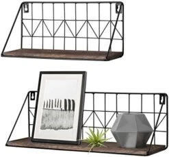 Mkono Wall Floating Shelves Set Of 2 Rustic Wood Bathroom Shelf (11.5" + 17.7"), Black Metal Wire Storage Display Shelving Room Recor For Bedroom Living Room Kitchen Office,Brown -Songmics Furniture Shop 51LlJBRcz L. AC
