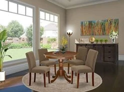 East West Furniture ANAB5-LWH-64 5Pc Round 36" Table And 4 Parson Chair With Linen Leg And Pu Leather Color White -Songmics Furniture Shop 51LrdlvGnJL. AC